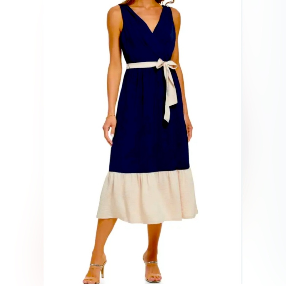 DKNY Navy and Cream Sleeveless Midi Dress with Tie Waist